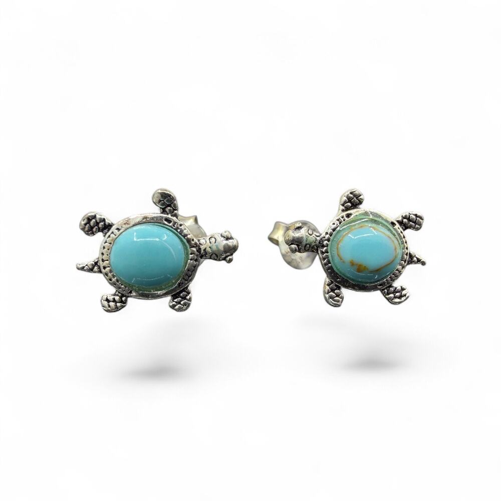 Blue Turquoise Turtle Stud Earrings 925 Sterling Silver Friction Backs